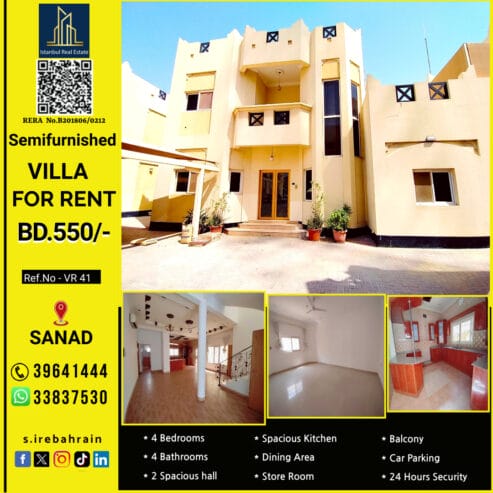 Semi-furnished 4-bedroom villa for rent in Sanad BD.550/-