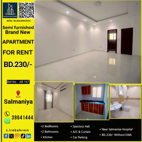 Brand New Semi Furnished 2 BHK apartment for Rent in Salmaniya – BD.23